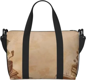 Engraved Coffee On Kraft Paper Travel Bag for Women Men Weekender Bags Carry on Overnight Bag Tote Bag Yoga Gym Bag for Gym, Work, Weekend, Travel, Personal Items
