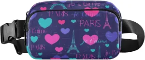 Fanny Pack for Women Men Eiffel Tower Hearts Purple Belt Waist Pack Bum Bag Wallets for Running Cycling Hiking Travel Workout with Adjustable Strap