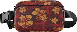 Fanny Pack for Women Men Hawaiian Tribal Red Hibiscus Flowers Belt Waist Pack Bum Bag Wallets for Running Cycling Hiking Travel Workout with Adjustable Strap