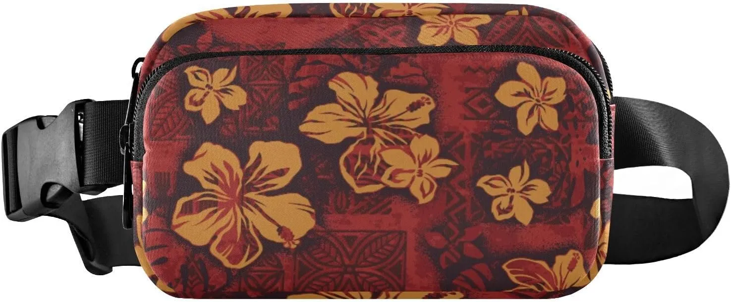 Fanny Pack for Women Men Hawaiian Tribal Red Hibiscus Flowers Belt Waist Pack Bum Bag Wallets for Running Cycling Hiking Travel Workout with Adjustable Strap
