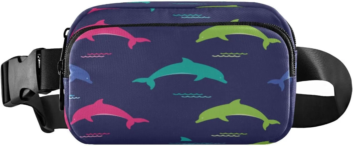 Fanny Packs for Women Men Colorful Dolphin Belt Bag Waist Pouch Packs Sea Ocean Waves Crossbody Bag Running Hiking Fanny Pack Gifts for Girls Boys