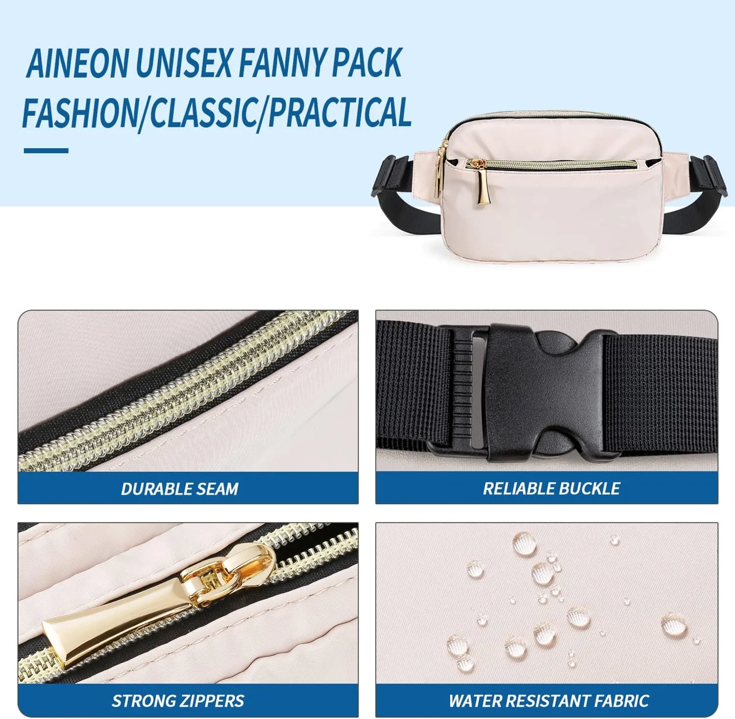 Fanny Packs for Women Men Fashion Plus Size Waist Pack Belt Bag Fanny Pack for Girls Boys with 5 Pockets Adjustable Belt, Cute Bum Bag Hip Bags for Travel Disney Running (Bisque Fanny Pack)