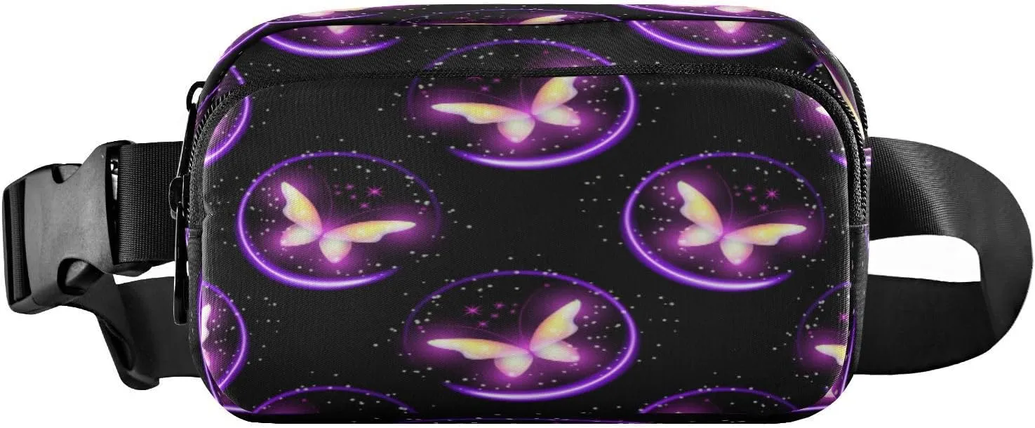 Fanny Packs for Women Men Glowing Purple Butterflies Belt Bag Waist Pouch Packs Crossbody Bag Running Hiking Fanny Pack Gifts for Girls Boys