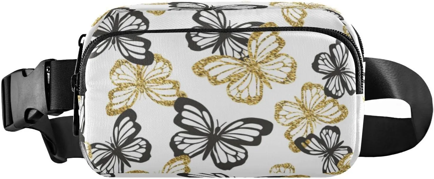 Fanny Packs for Women Men Golden Butterflies Daisies Belt Bag Waist Pouch Packs Glitter Insects Crossbody Bag Running Hiking Fanny Pack Gifts for Girls Boys
