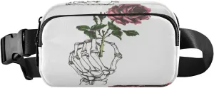 Fanny Packs for Women Men Hand Skeleton with Flower Belt Bag Waist Pouch Packs Red Rose Skull Crossbody Bag Running Hiking Fanny Pack Gifts for Girls Boys