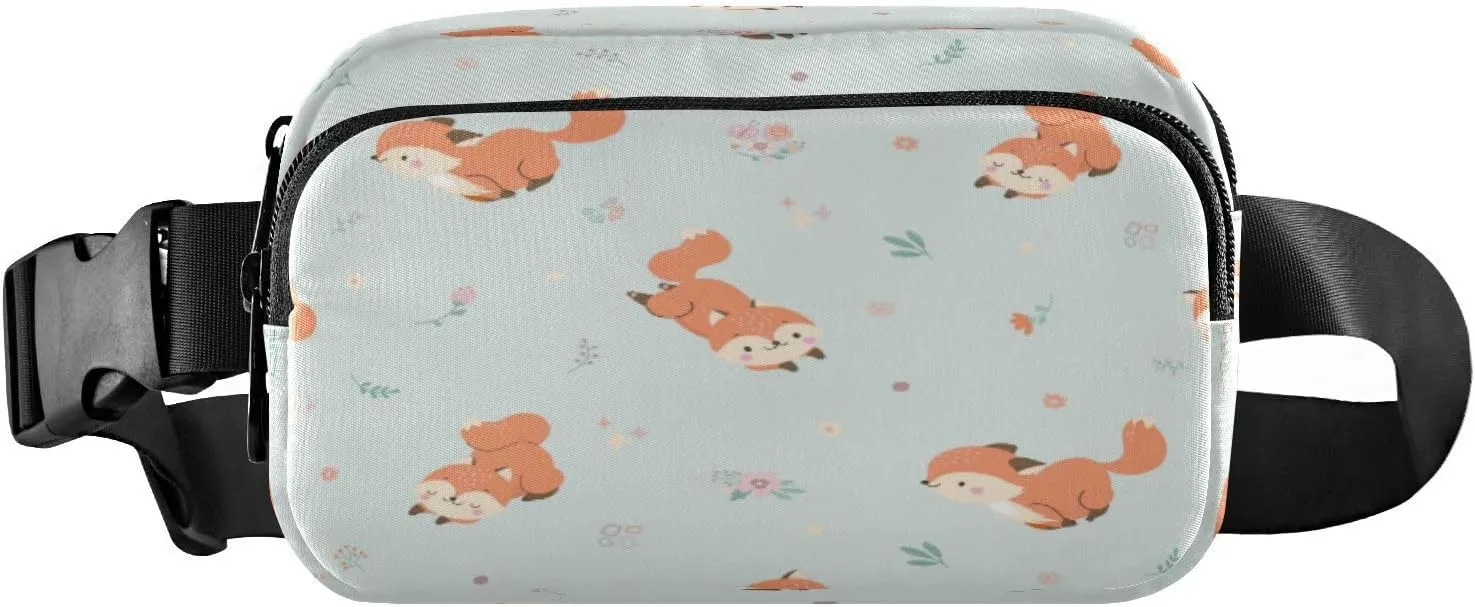 Fanny Packs for Women Men Happy Foxes Floral Leaves Belt Bag Waist Pouch Packs Crossbody Bag Running Hiking Fanny Pack Gifts for Girls Boys