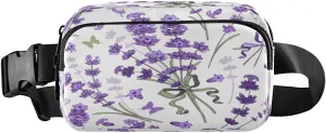 Fanny Packs for Women Men Lavender Floral Butterfly Belt Bag Waist Pouch Packs Spring Purple Flowers Crossbody Bag Running Hiking Fanny Pack Gifts for Girls Boys