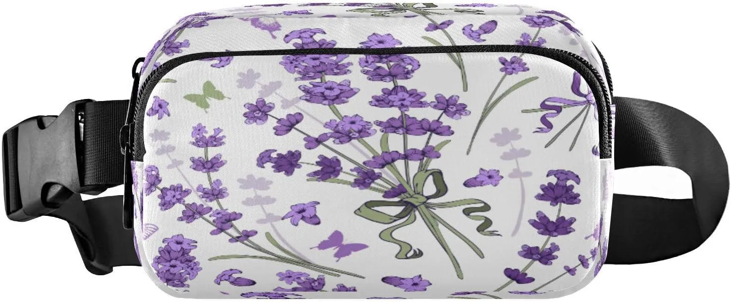 Fanny Packs for Women Men Lavender Floral Butterfly Belt Bag Waist Pouch Packs Spring Purple Flowers Crossbody Bag Running Hiking Fanny Pack Gifts for Girls Boys