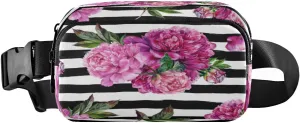 Fanny Packs for Women Men Pink Peonies Bouquet Belt Bag Waist Pouch Packs Spring Floral Crossbody Bag Running Hiking Fanny Pack Gifts for Girls Boys