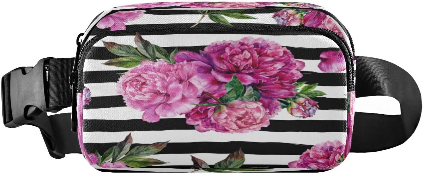 Fanny Packs for Women Men Pink Peonies Bouquet Belt Bag Waist Pouch Packs Spring Floral Crossbody Bag Running Hiking Fanny Pack Gifts for Girls Boys