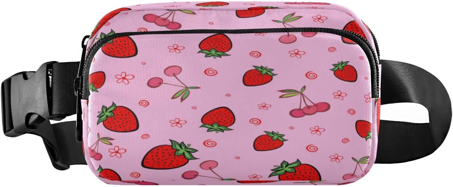 Fanny Packs for Women Men Pink Strawberries Flowers Cherries Belt Bag Waist Pouch Packs Crossbody Bag Running Hiking Fanny Pack Gifts for Girls Boys