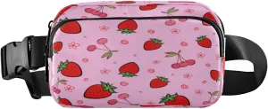 Fanny Packs for Women Men Pink Strawberries Flowers Cherries Belt Bag Waist Pouch Packs Crossbody Bag Running Hiking Fanny Pack Gifts for Girls Boys