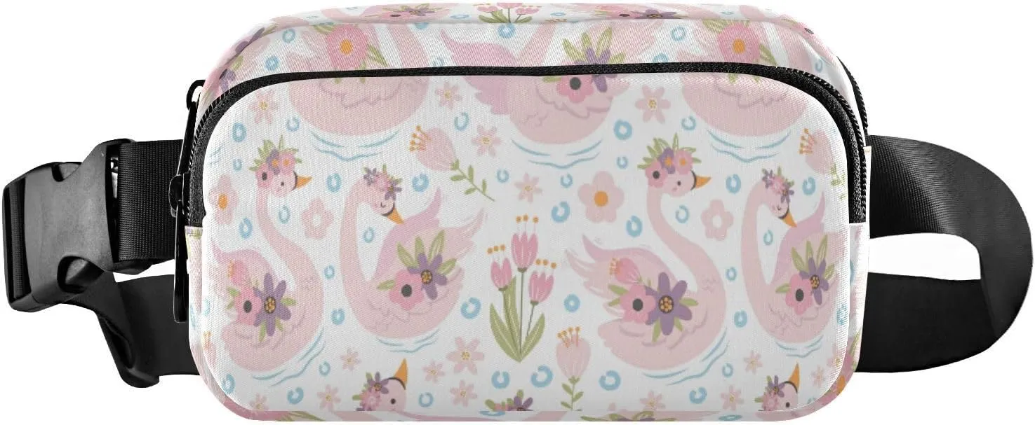 Fanny Packs for Women Men Pink Swan Flowers Belt Bag Waist Pouch Packs Crossbody Bag Running Hiking Fanny Pack Gifts for Girls Boys