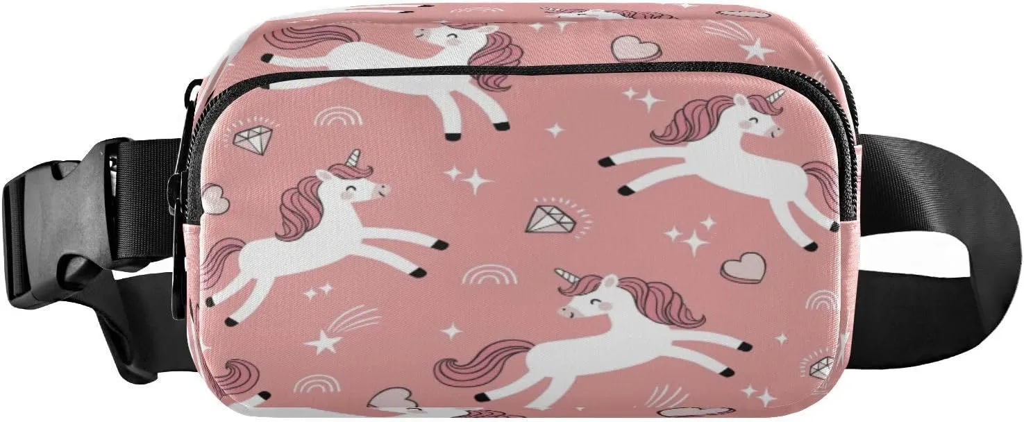 Fanny Packs for Women Men Pink Unicorns Diamond Hearts Rainbow Belt Bag Waist Pouch Packs Crossbody Bag Running Hiking Fanny Pack Gifts for Girls Boys