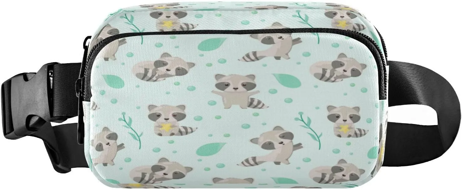 Fanny Packs for Women Men Raccoons Teal Leaves Stars Belt Bag Waist Pouch Packs Crossbody Bag Running Hiking Fanny Pack Gifts for Girls Boys