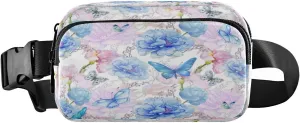Fanny Packs for Women Men Spring Butterfly Floral Belt Bag Waist Pouch Packs Blue Flowers Branches Crossbody Bag Running Hiking Fanny Pack Gifts for Girls Boys