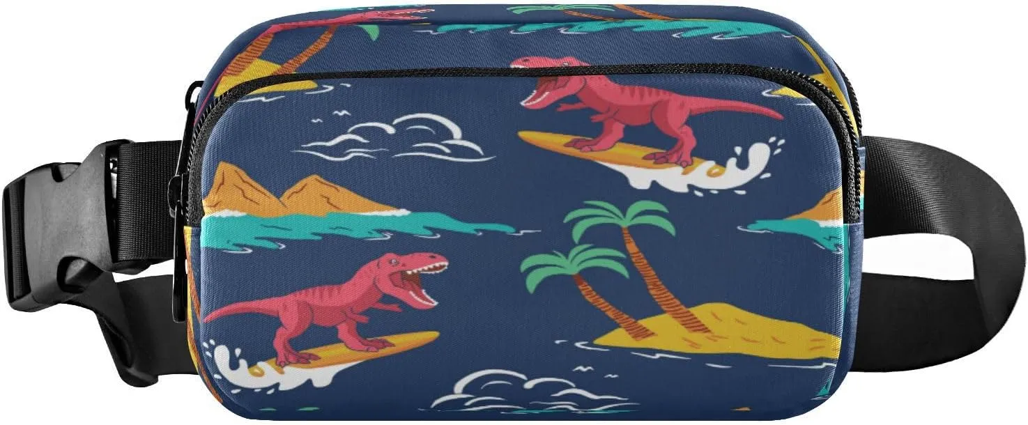 Fanny Packs for Women Men Surfing Dinosaurs Palm Trees Belt Bag Waist Pouch Packs Crossbody Bag Running Hiking Fanny Pack Gifts for Girls Boys