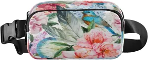Fanny Packs for Women Men Watercolor Spring Peony Birds Belt Bag Waist Pouch Packs Vintage Flowers Feathers Crossbody Bag Running Hiking Fanny Pack Gifts for Girls Boys
