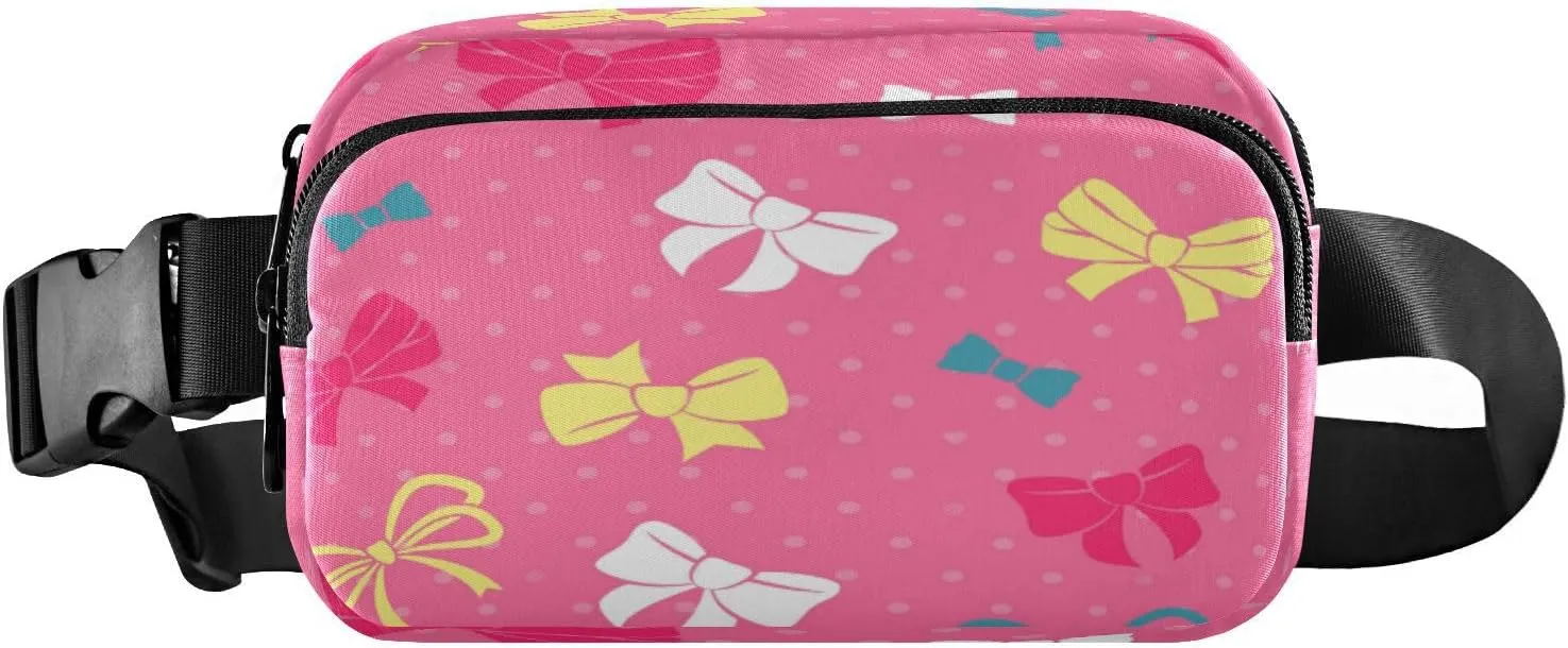Fanny Packs for Women Men Yellow Bows Pink Polka Dot Belt Bag Waist Pouch Packs Crossbody Bag Running Hiking Fanny Pack for Kids Girls Boys