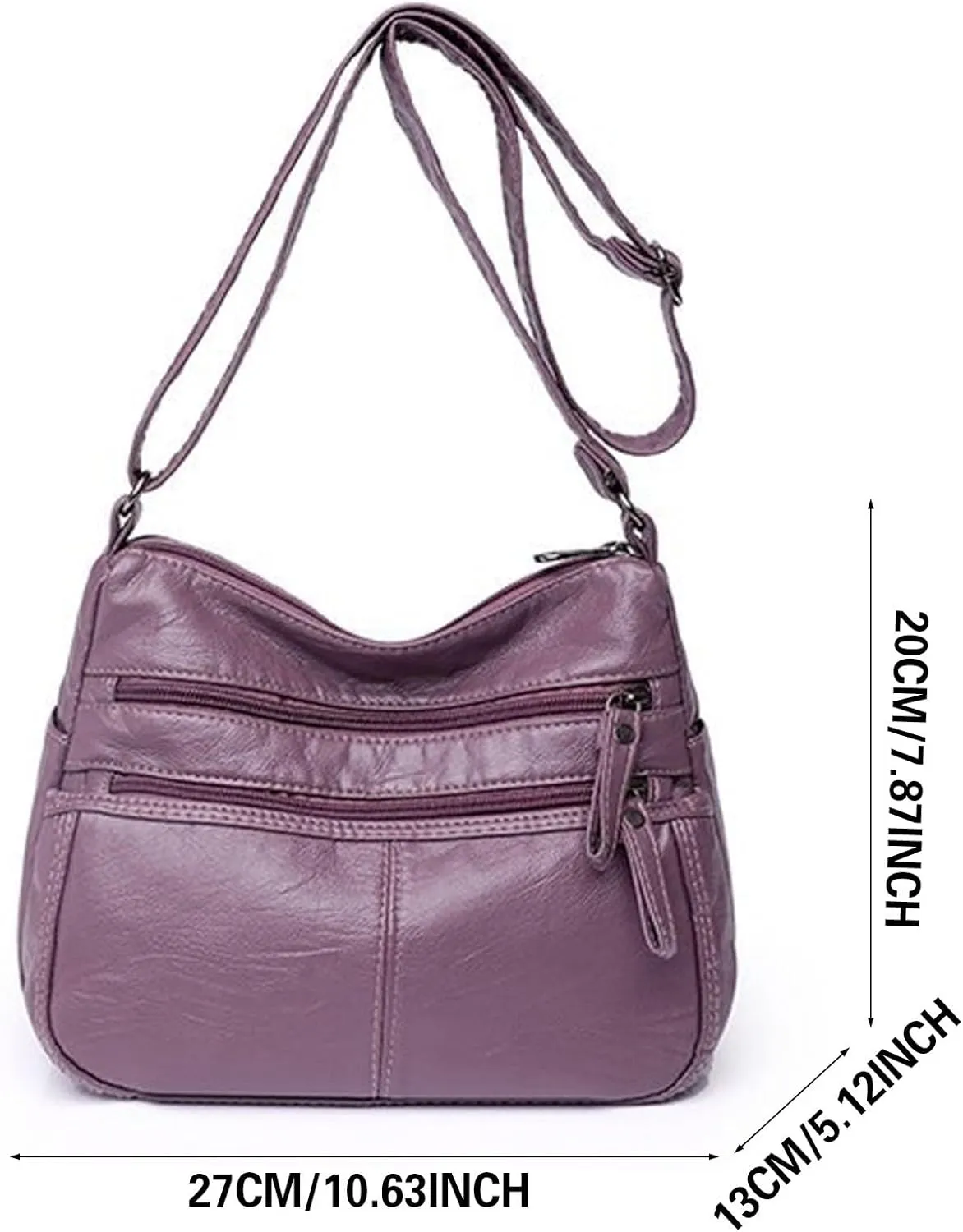 Fashion Casual Women's Retro Soft Leather Zipper Double Pocket Shoulder Messenger Bag Rustic Shoulder (Purple, One Size)