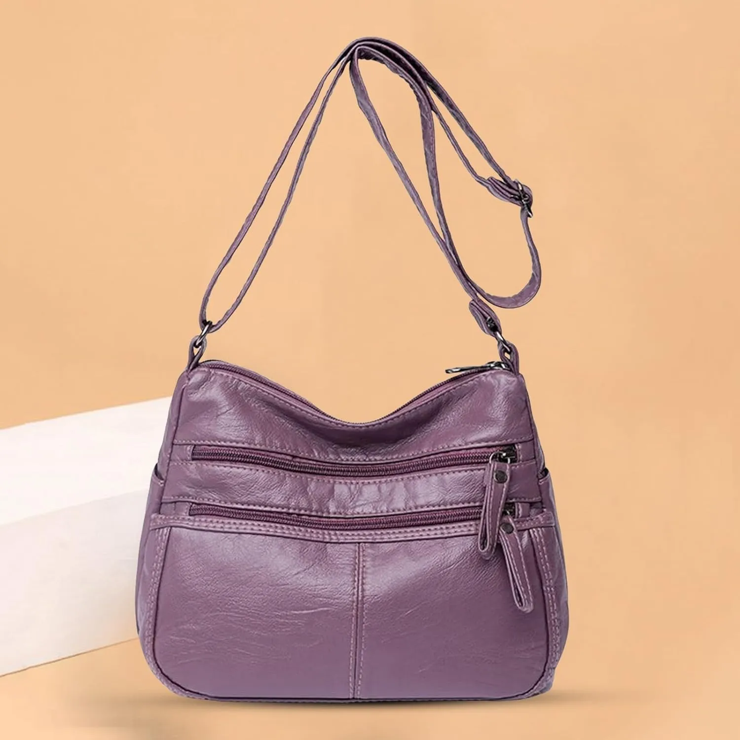 Fashion Casual Women's Retro Soft Leather Zipper Double Pocket Shoulder Messenger Bag Rustic Shoulder (Purple, One Size)