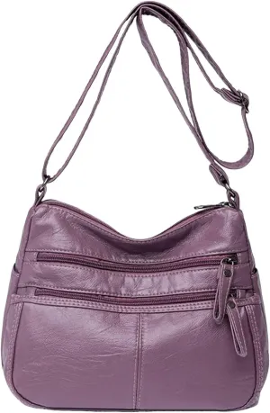 Fashion Casual Women's Retro Soft Leather Zipper Double Pocket Shoulder Messenger Bag Rustic Shoulder (Purple, One Size)