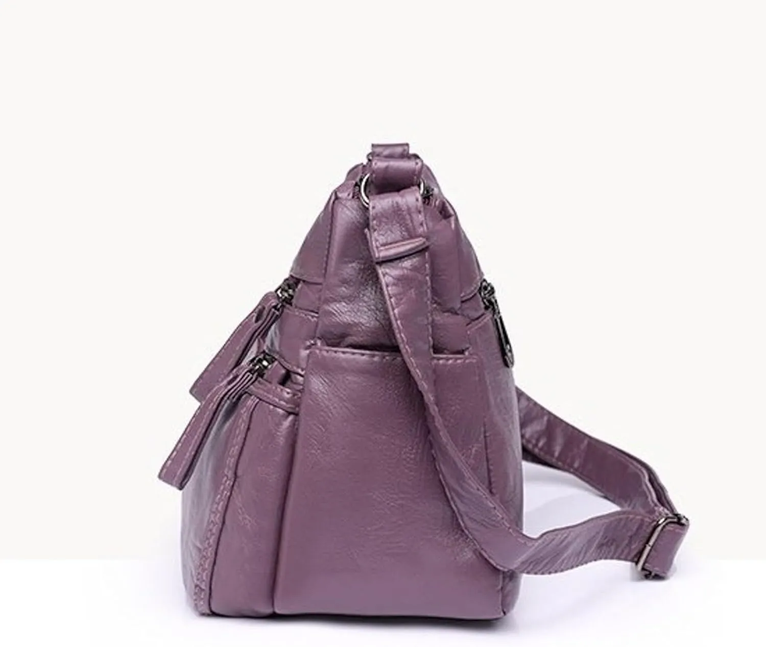 Fashion Casual Women's Retro Soft Leather Zipper Double Pocket Shoulder Messenger Bag Rustic Shoulder (Purple, One Size)