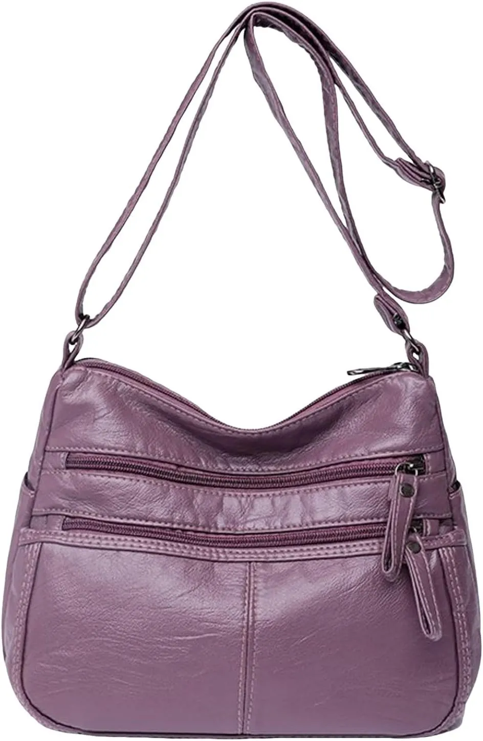 Fashion Casual Women's Retro Soft Leather Zipper Double Pocket Shoulder Messenger Bag Rustic Shoulder (Purple, One Size)