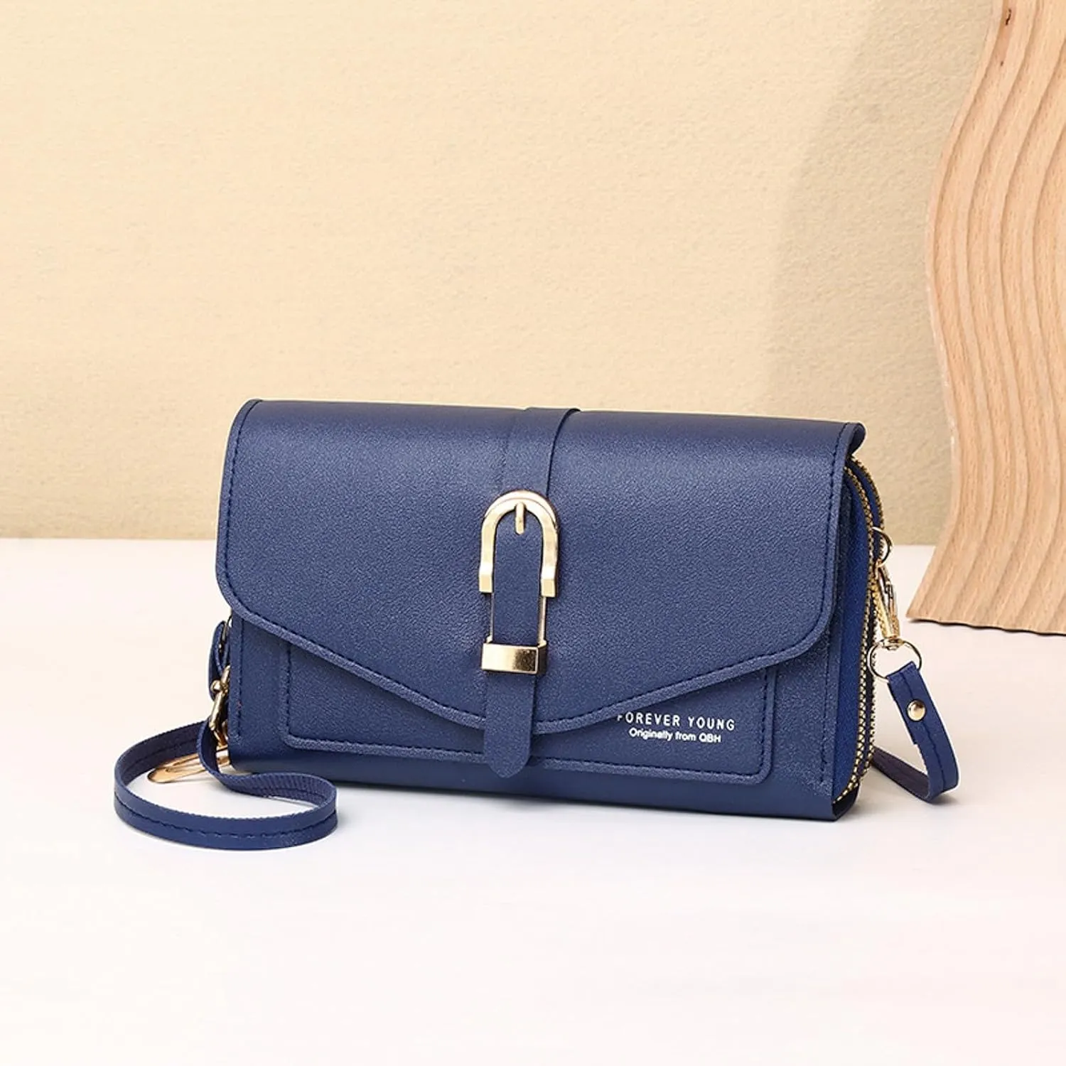 Fashion Classic Women's Mobile Phone Bag Snap Button Hood One Shoulder Double Layer Wallet Crossbody (Blue, One Size)