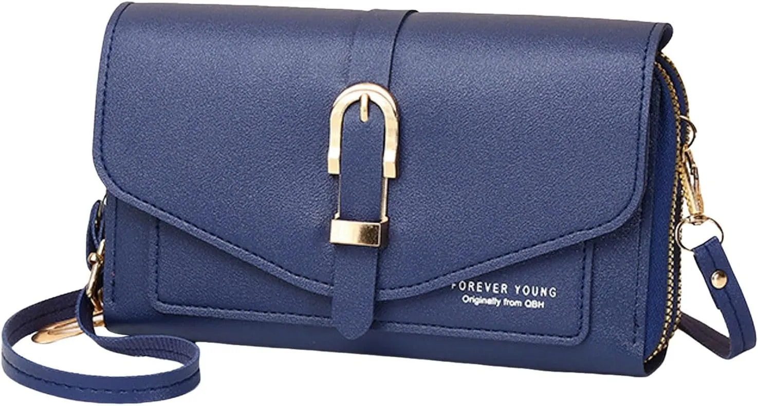 Fashion Classic Women's Mobile Phone Bag Snap Button Hood One Shoulder Double Layer Wallet Crossbody (Blue, One Size)
