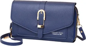 Fashion Classic Women's Mobile Phone Bag Snap Button Hood One Shoulder Double Layer Wallet Crossbody (Blue, One Size)