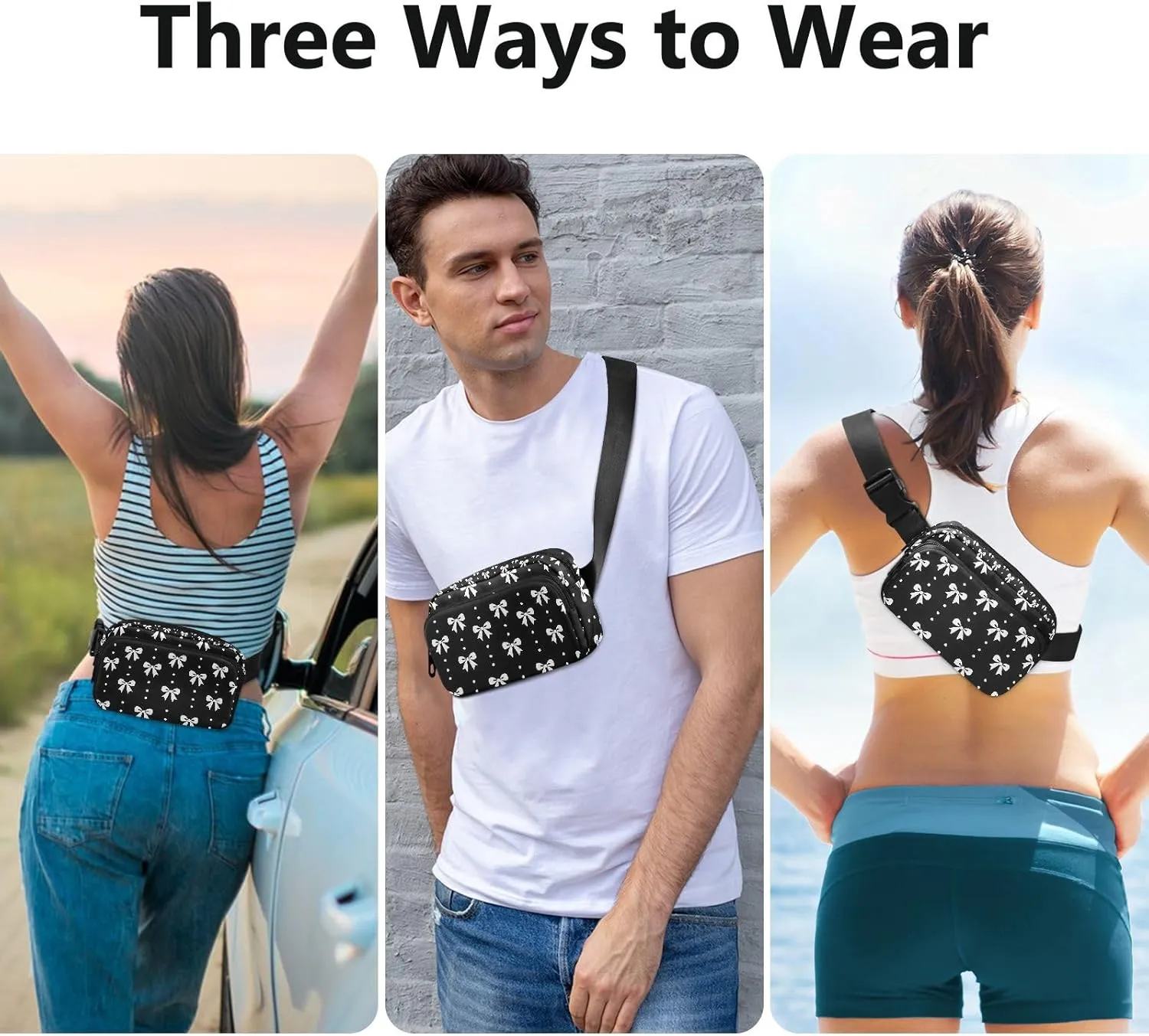 Fashion Waist Pack Crossbody Bags for Women Men with Adjustable Strap, Bow and Polka Dot Crossbody Fanny Packs Mini Chest Belt Bag for Run Travel Outdoor Cycling Hiking