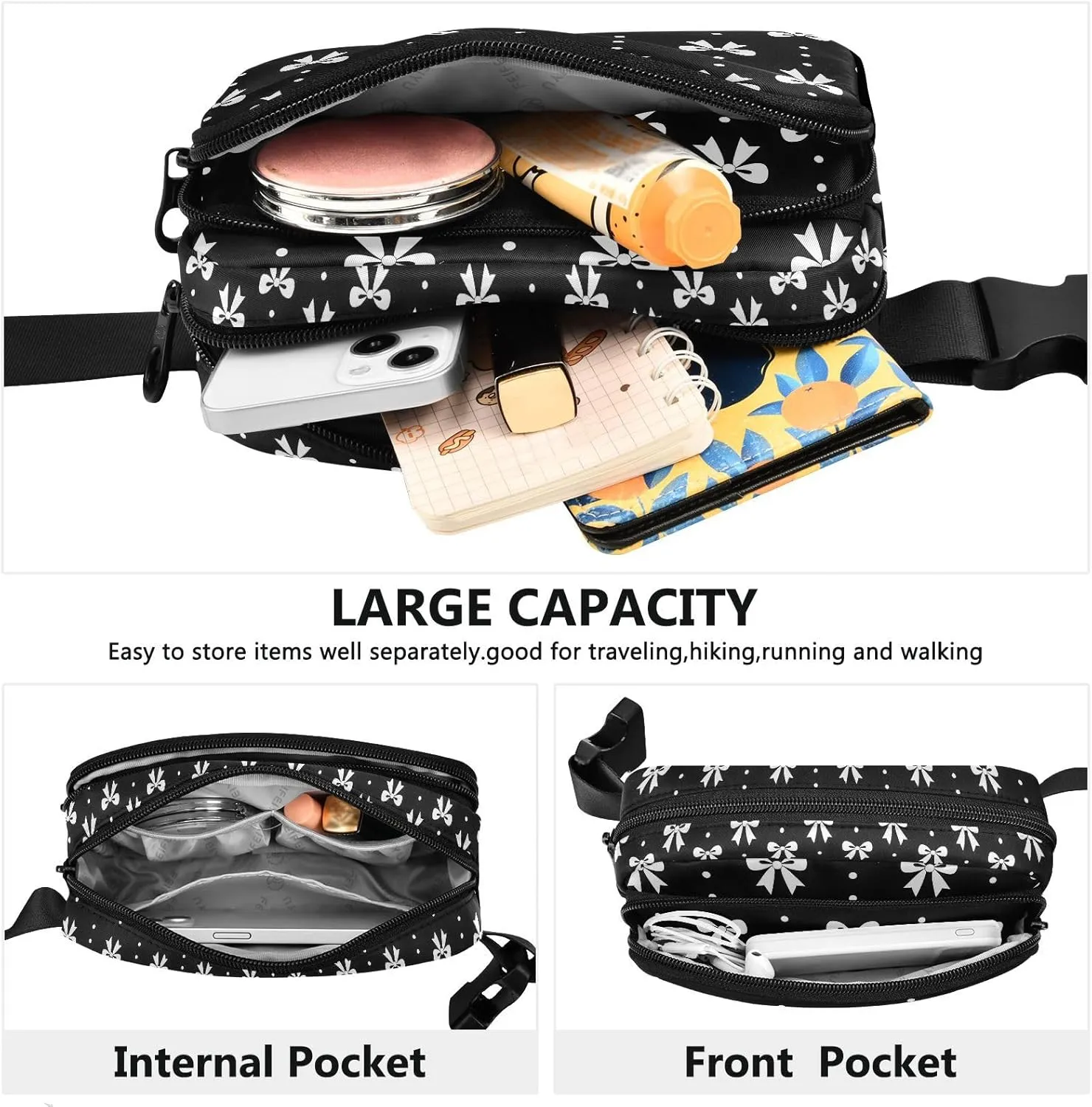 Fashion Waist Pack Crossbody Bags for Women Men with Adjustable Strap, Bow and Polka Dot Crossbody Fanny Packs Mini Chest Belt Bag for Run Travel Outdoor Cycling Hiking