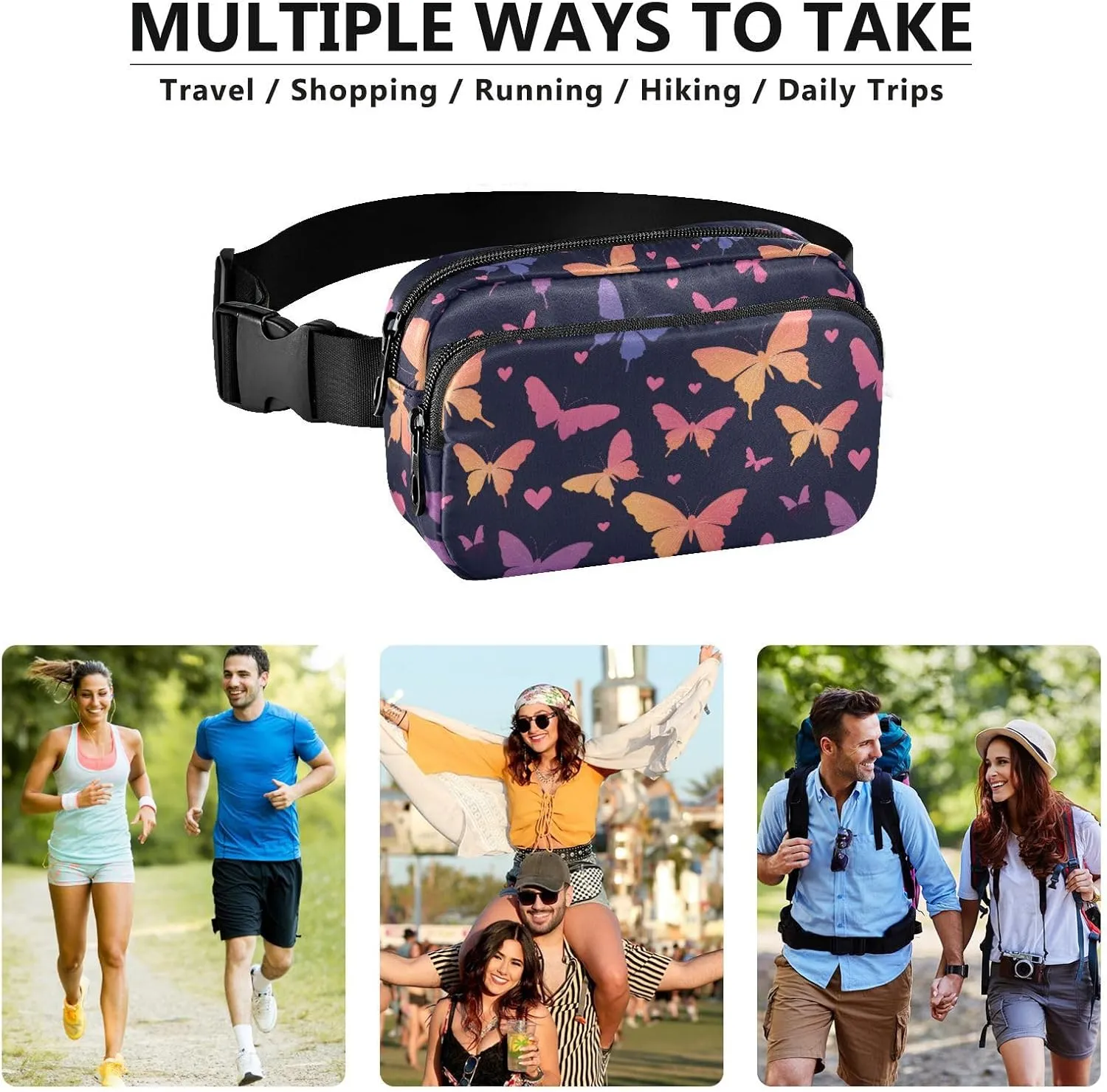 Fashion Waist Pack Crossbody Bags for Women Men with Adjustable Strap, Butterfly Crossbody Fanny Packs Mini Chest Belt Bag for Run Travel Outdoor Cycling Hiking