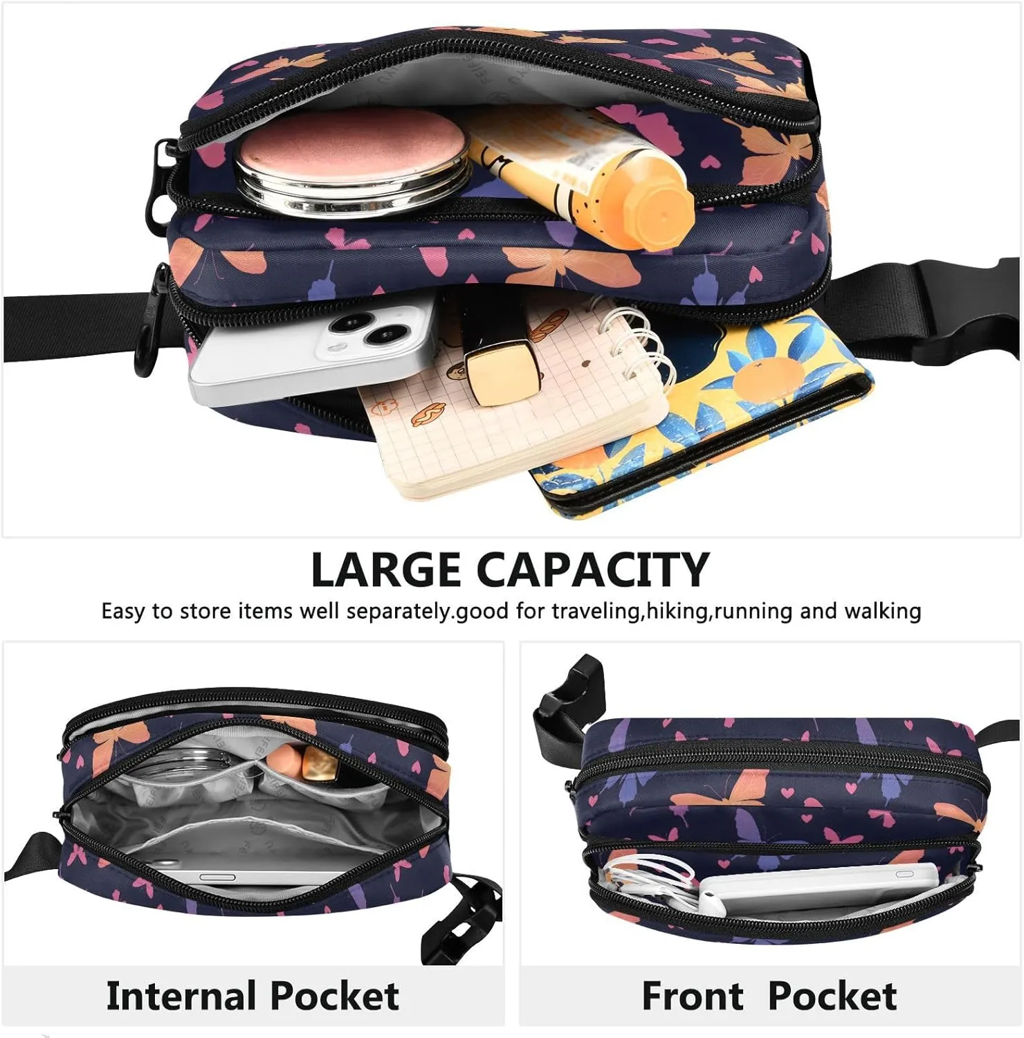 Fashion Waist Pack Crossbody Bags for Women Men with Adjustable Strap, Butterfly Crossbody Fanny Packs Mini Chest Belt Bag for Run Travel Outdoor Cycling Hiking