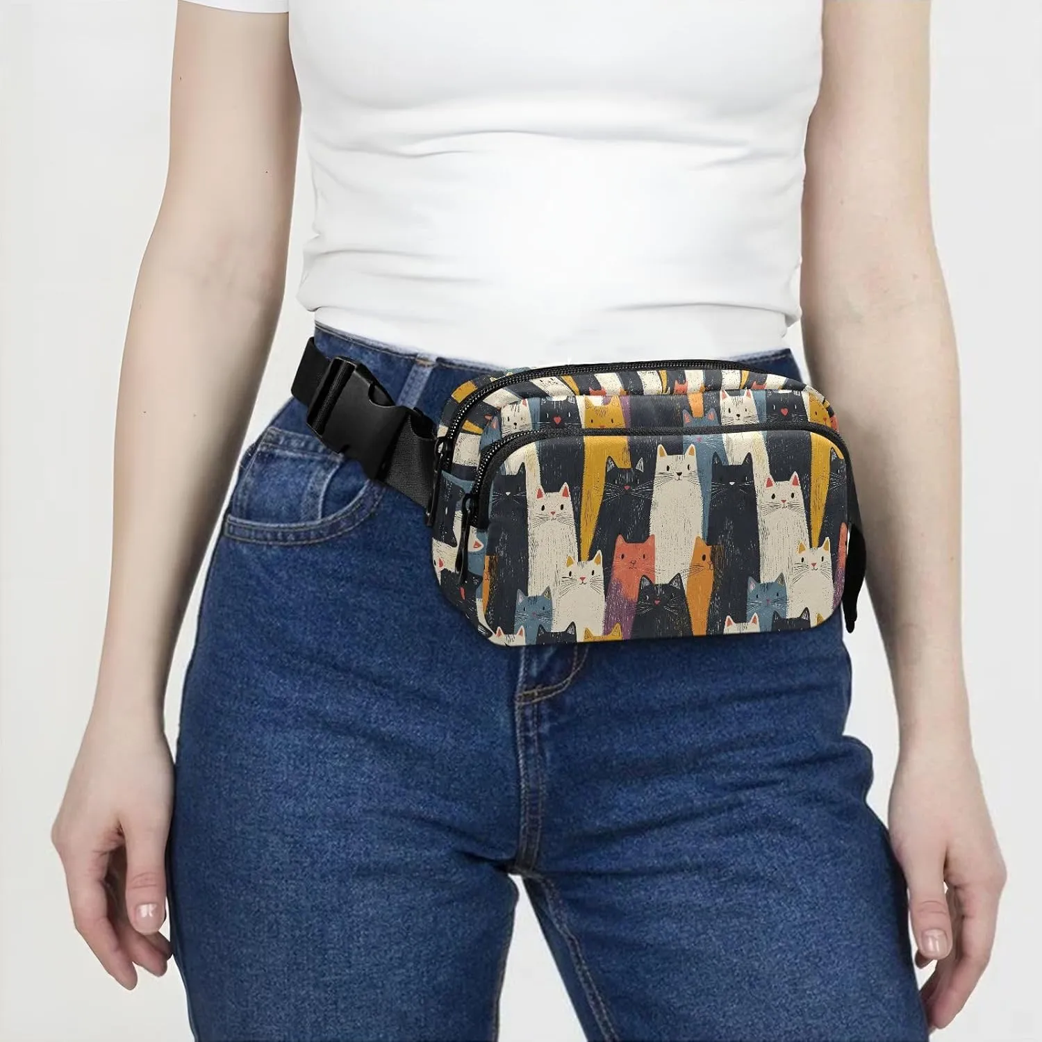 Fashion Waist Pack Crossbody Bags for Women Men with Adjustable Strap, Cartoon Cat Crowd Crossbody Fanny Packs Mini Chest Belt Bag for Run Travel Outdoor Cycling Hiking