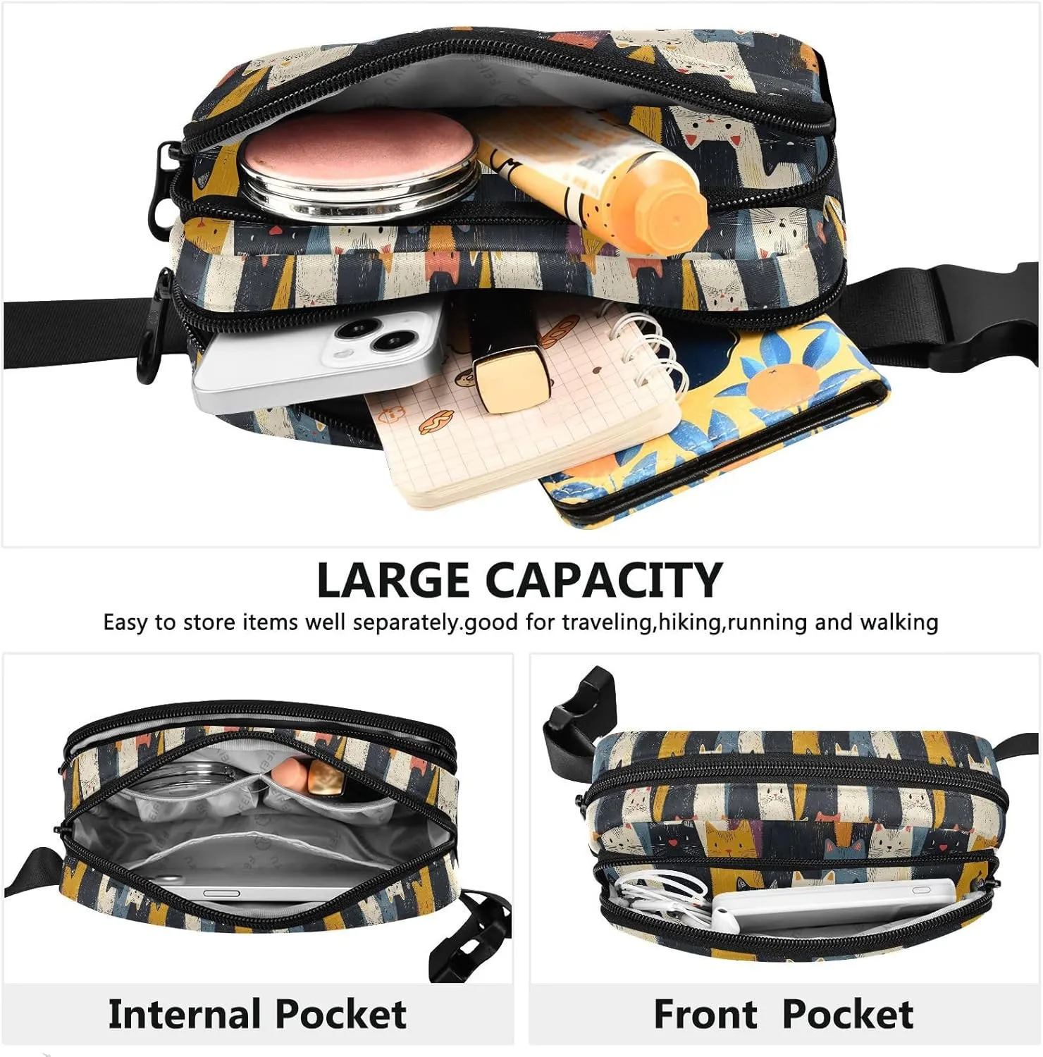 Fashion Waist Pack Crossbody Bags for Women Men with Adjustable Strap, Cartoon Cat Crowd Crossbody Fanny Packs Mini Chest Belt Bag for Run Travel Outdoor Cycling Hiking