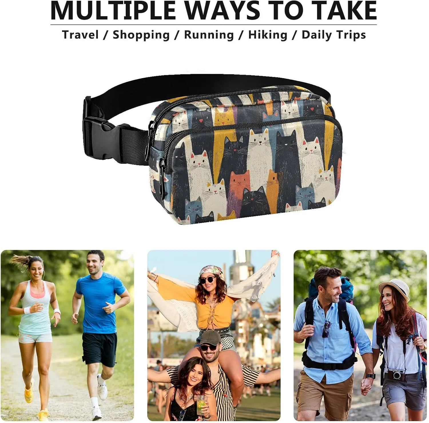 Fashion Waist Pack Crossbody Bags for Women Men with Adjustable Strap, Cartoon Cat Crowd Crossbody Fanny Packs Mini Chest Belt Bag for Run Travel Outdoor Cycling Hiking