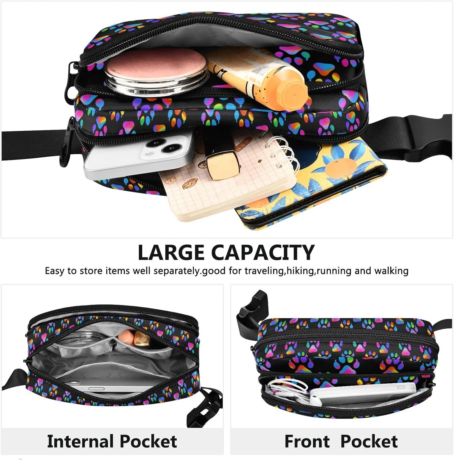 Fashion Waist Pack Crossbody Bags for Women Men with Adjustable Strap, Neon Dog Paw Crossbody Fanny Packs Mini Chest Belt Bag for Run Travel Outdoor Cycling Hiking