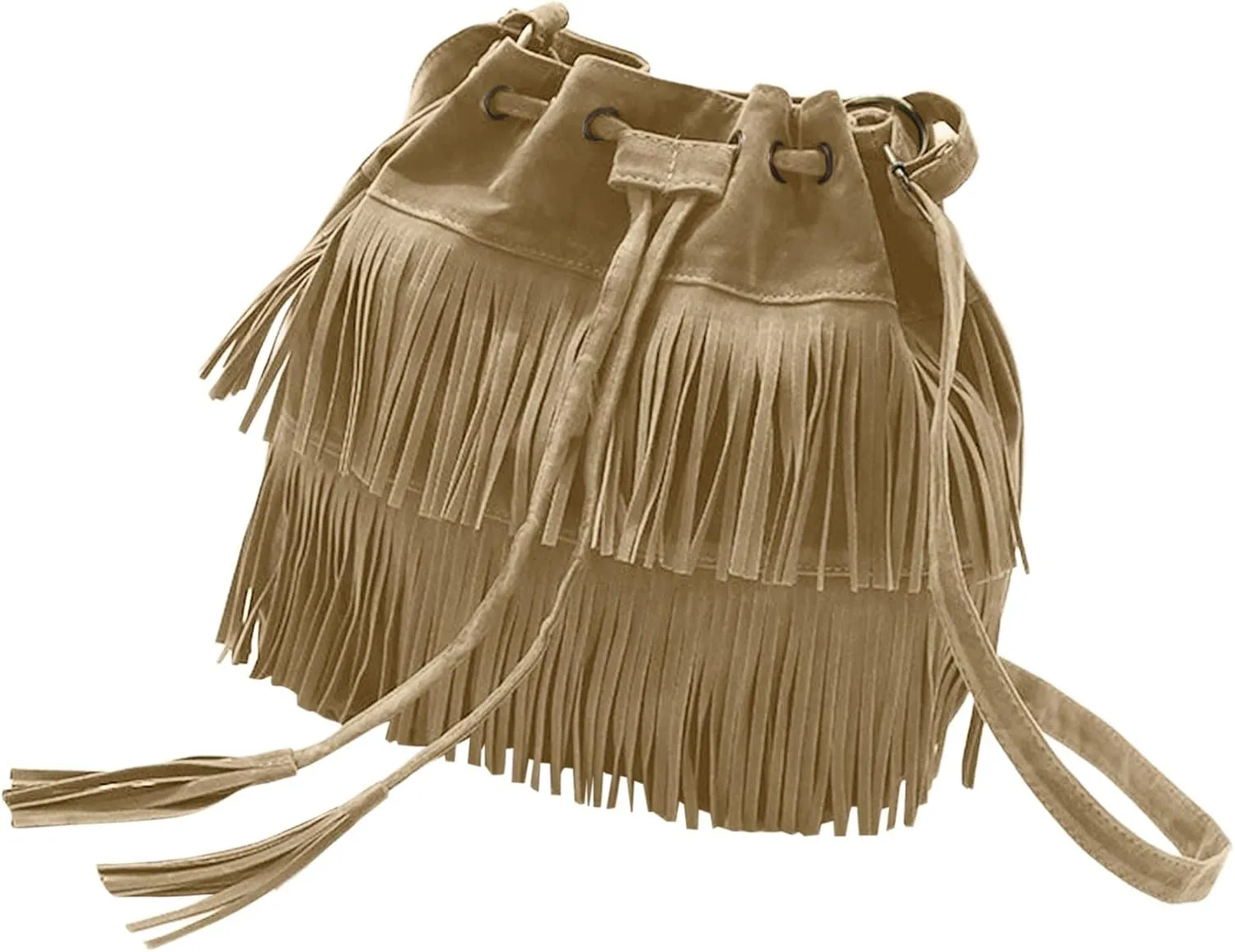Fashionable Soft Velvet Frosted Tassel Women's Bags With Drawstring Bucket Single Shoulder Bag Nylon (Khaki, One Size)
