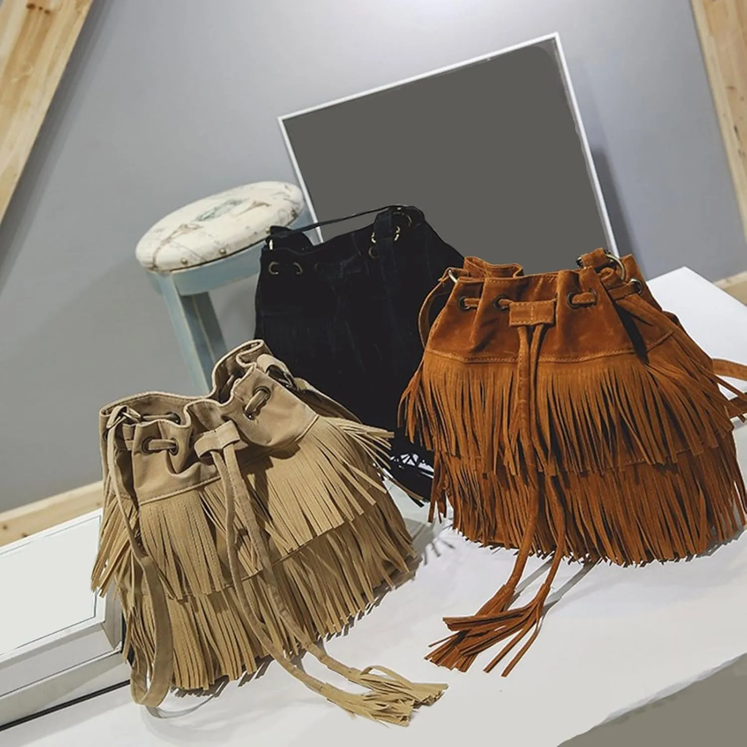 Fashionable Soft Velvet Frosted Tassel Women's Bags With Drawstring Bucket Single Shoulder Bag Nylon (Khaki, One Size)