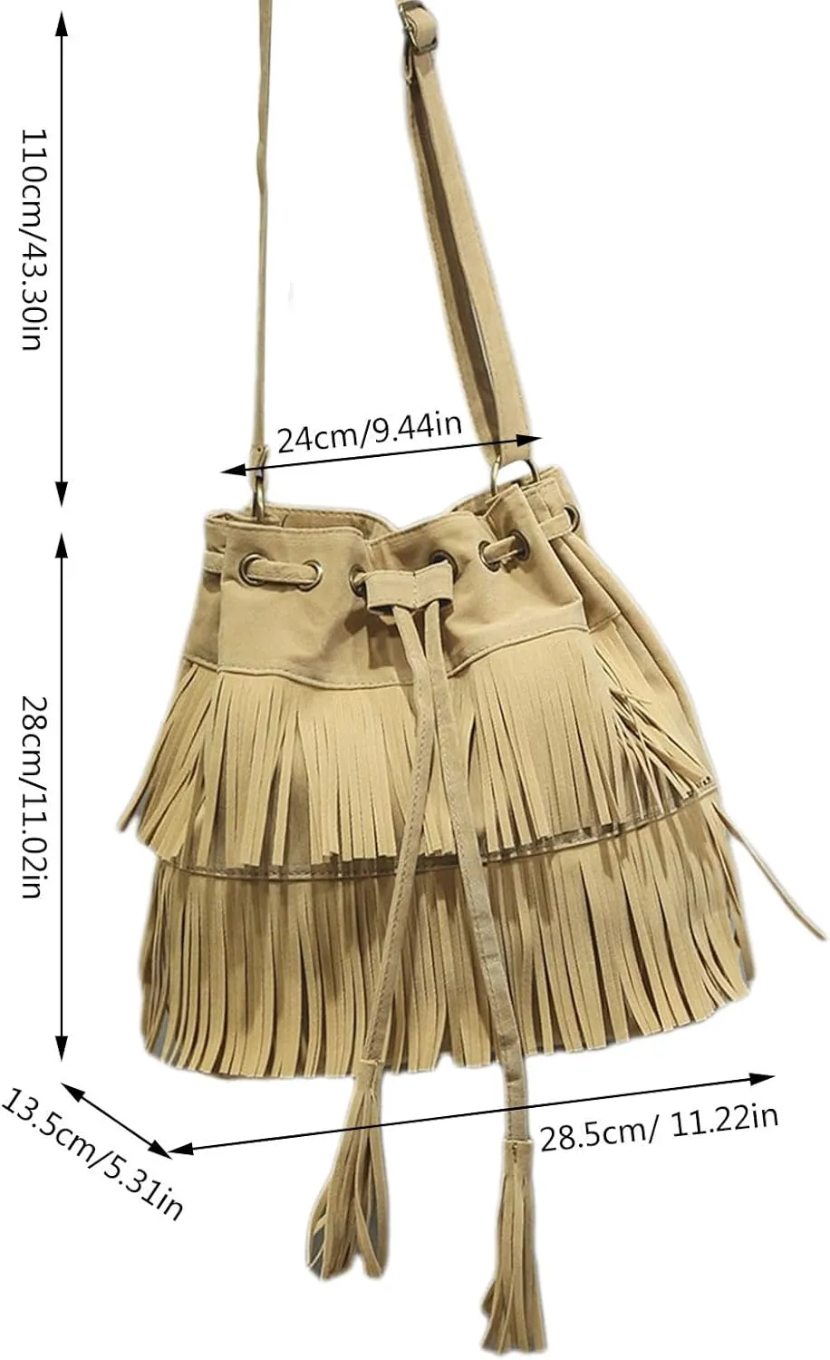 Fashionable Soft Velvet Frosted Tassel Women's Bags With Drawstring Bucket Single Shoulder Bag Nylon (Khaki, One Size)