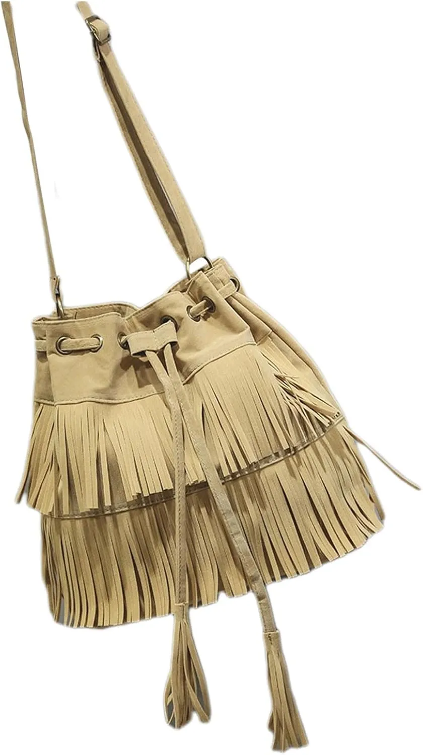 Fashionable Soft Velvet Frosted Tassel Women's Bags With Drawstring Bucket Single Shoulder Bag Nylon (Khaki, One Size)