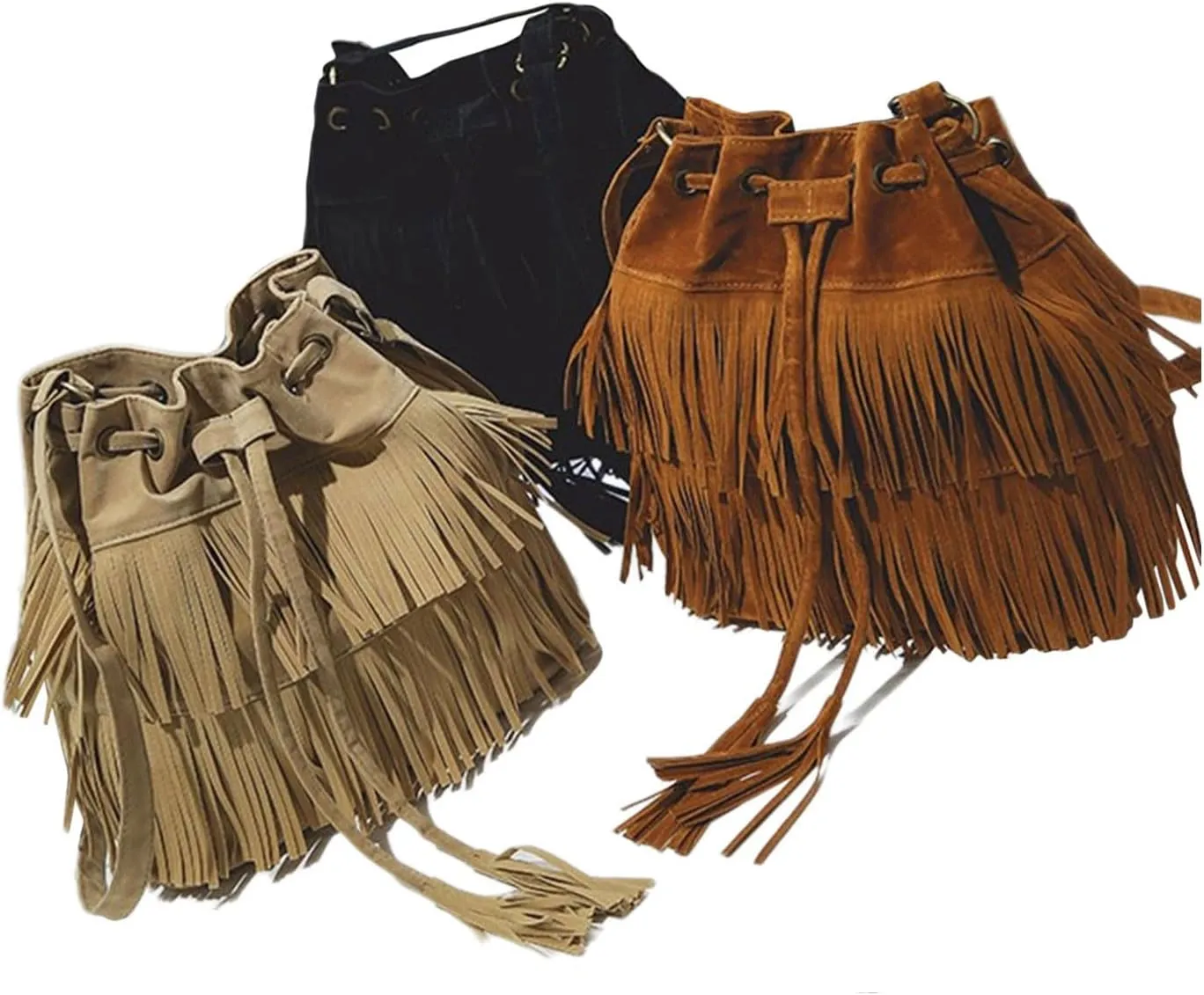 Fashionable Soft Velvet Frosted Tassel Women's Bags With Drawstring Bucket Single Shoulder Bag Nylon (Khaki, One Size)