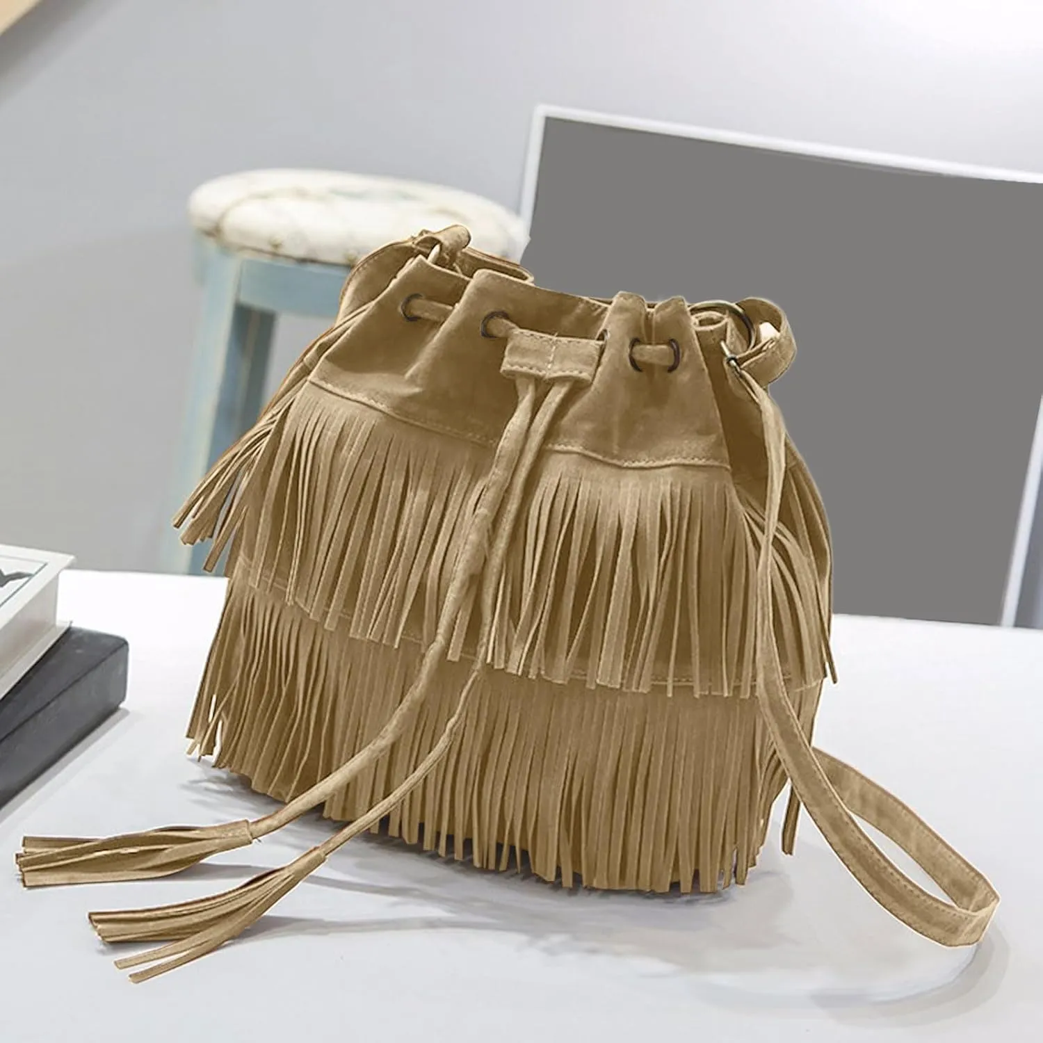 Fashionable Soft Velvet Frosted Tassel Women's Bags With Drawstring Bucket Single Shoulder Bag Nylon (Khaki, One Size)