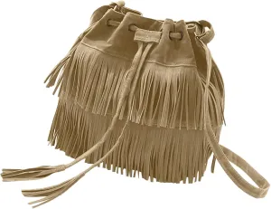 Fashionable Soft Velvet Frosted Tassel Women's Bags With Drawstring Bucket Single Shoulder Bag Nylon (Khaki, One Size)