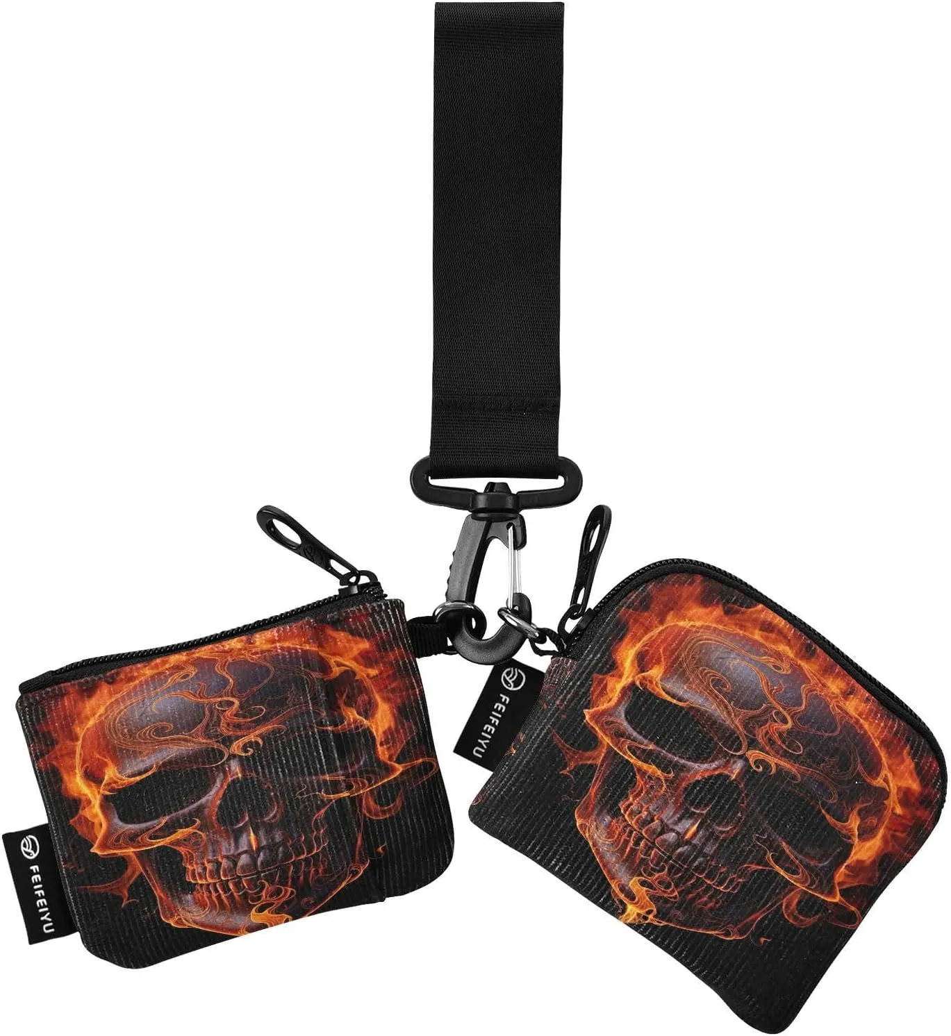 Fire Skull Zip Around Wristlet Wallet for Women Portable Detachable Dual Pocket Keychain Wallet Wrist Wallet