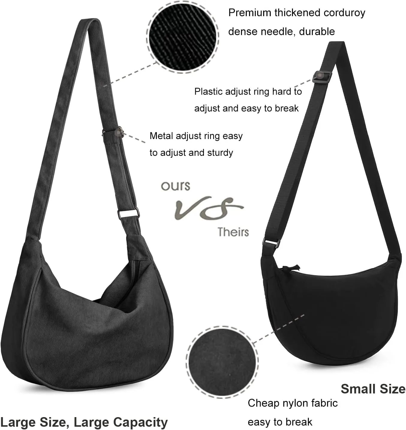 FITDON Corduroy Crescent Crossbody Bag for Women Men, Small Sling Hobos Dumpling Bag Crescent Purse