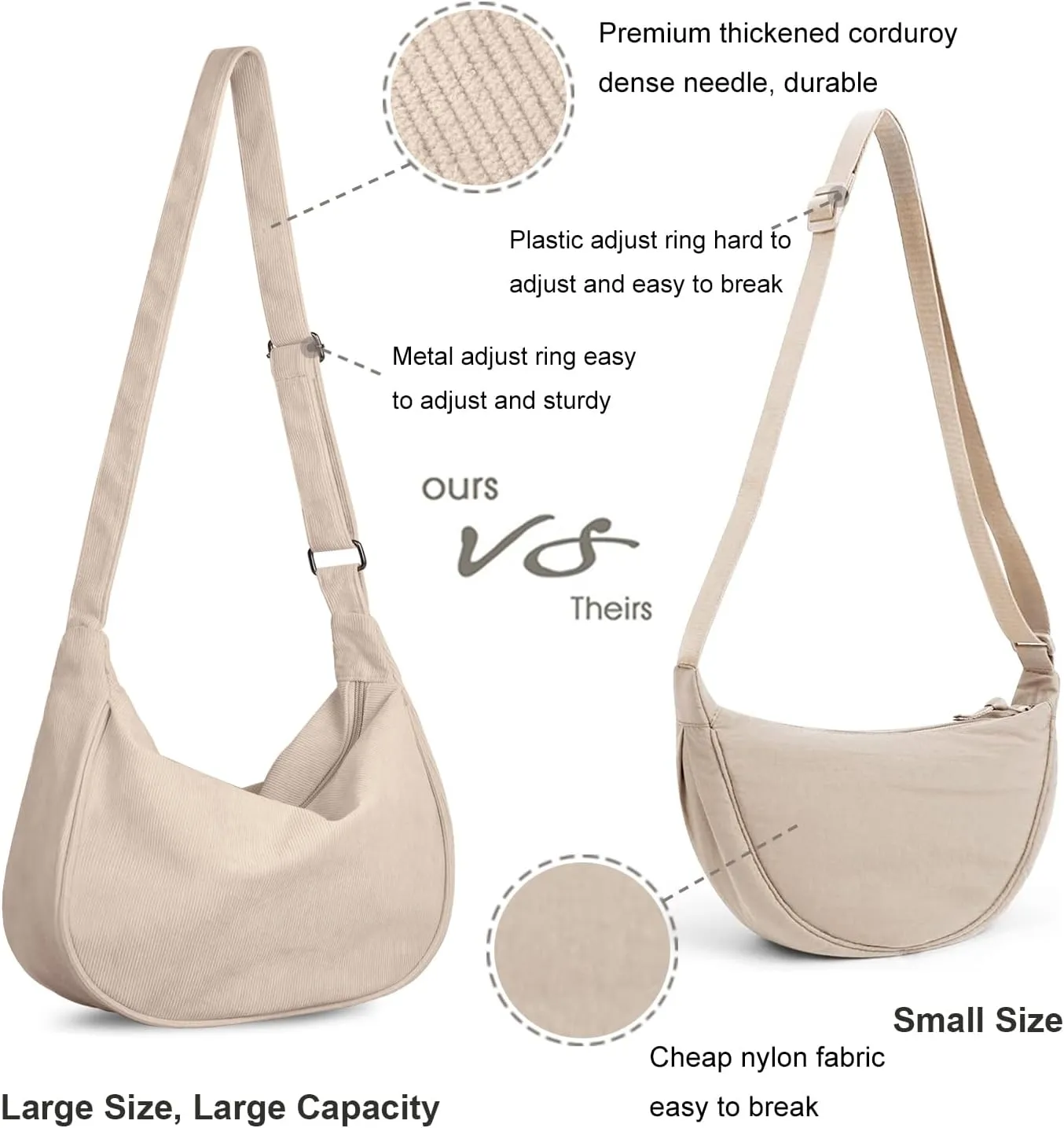 FITDON Corduroy Crescent Crossbody Bag for Women Men, Small Sling Hobos Dumpling Bag Crescent Purse