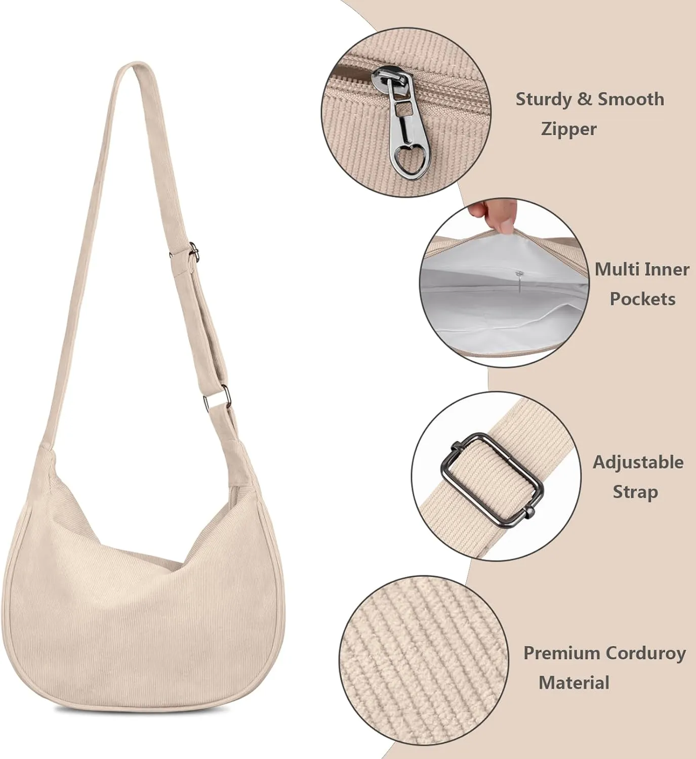 FITDON Corduroy Crescent Crossbody Bag for Women Men, Small Sling Hobos Dumpling Bag Crescent Purse